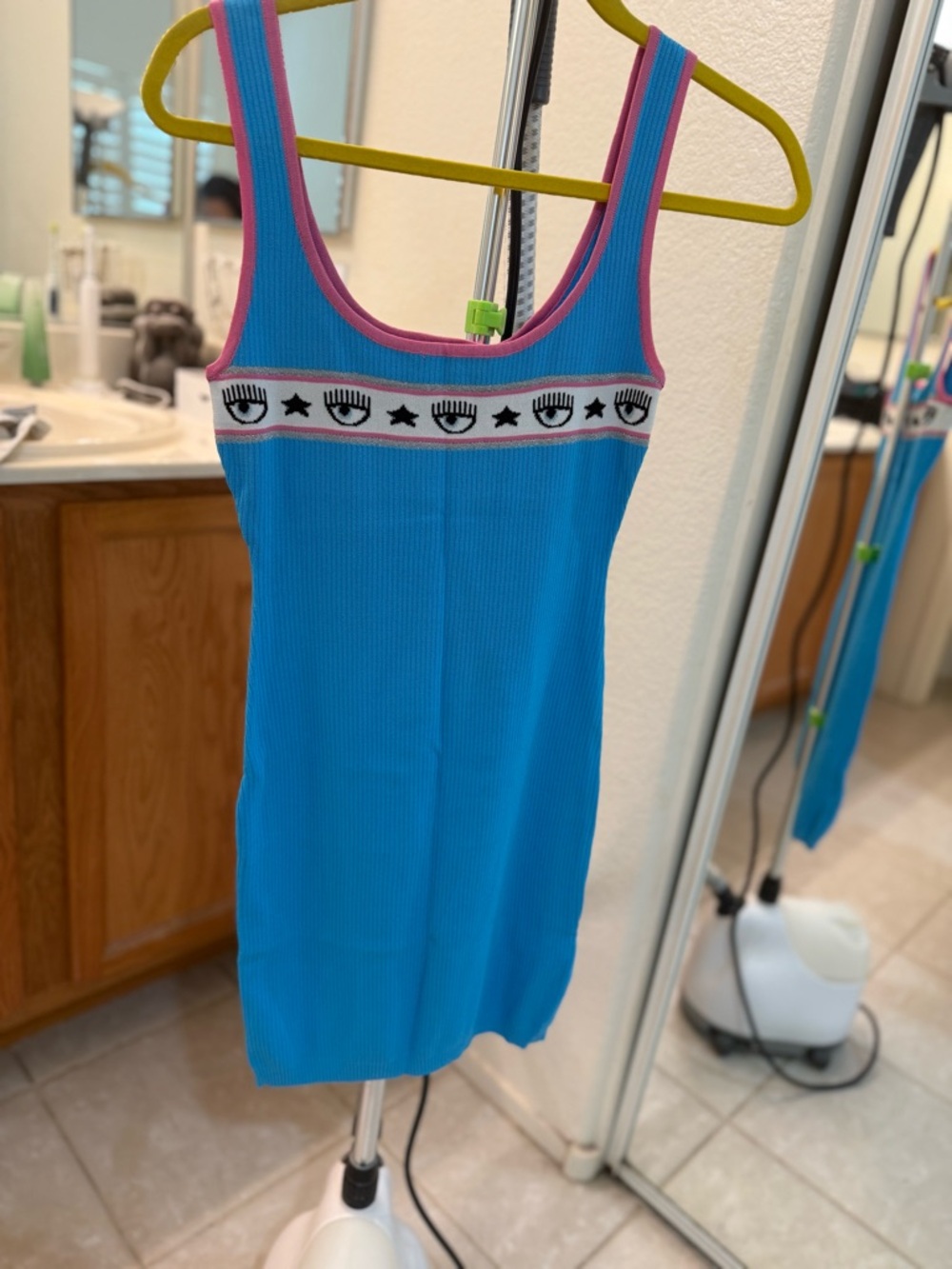 Chiara Ferragni Blue Ribbed Tank with Pink Trim and Eye Motif